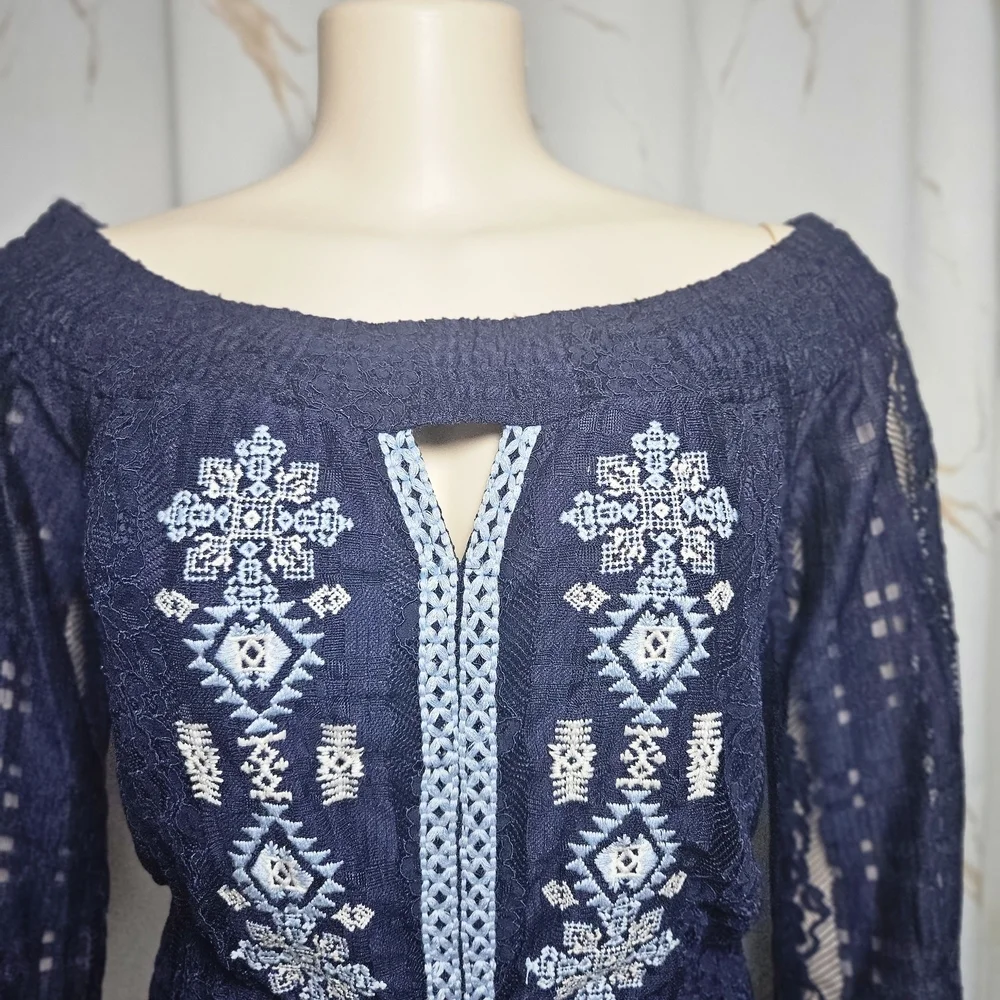 Elegant Navy Lace Embroidered Women's Top